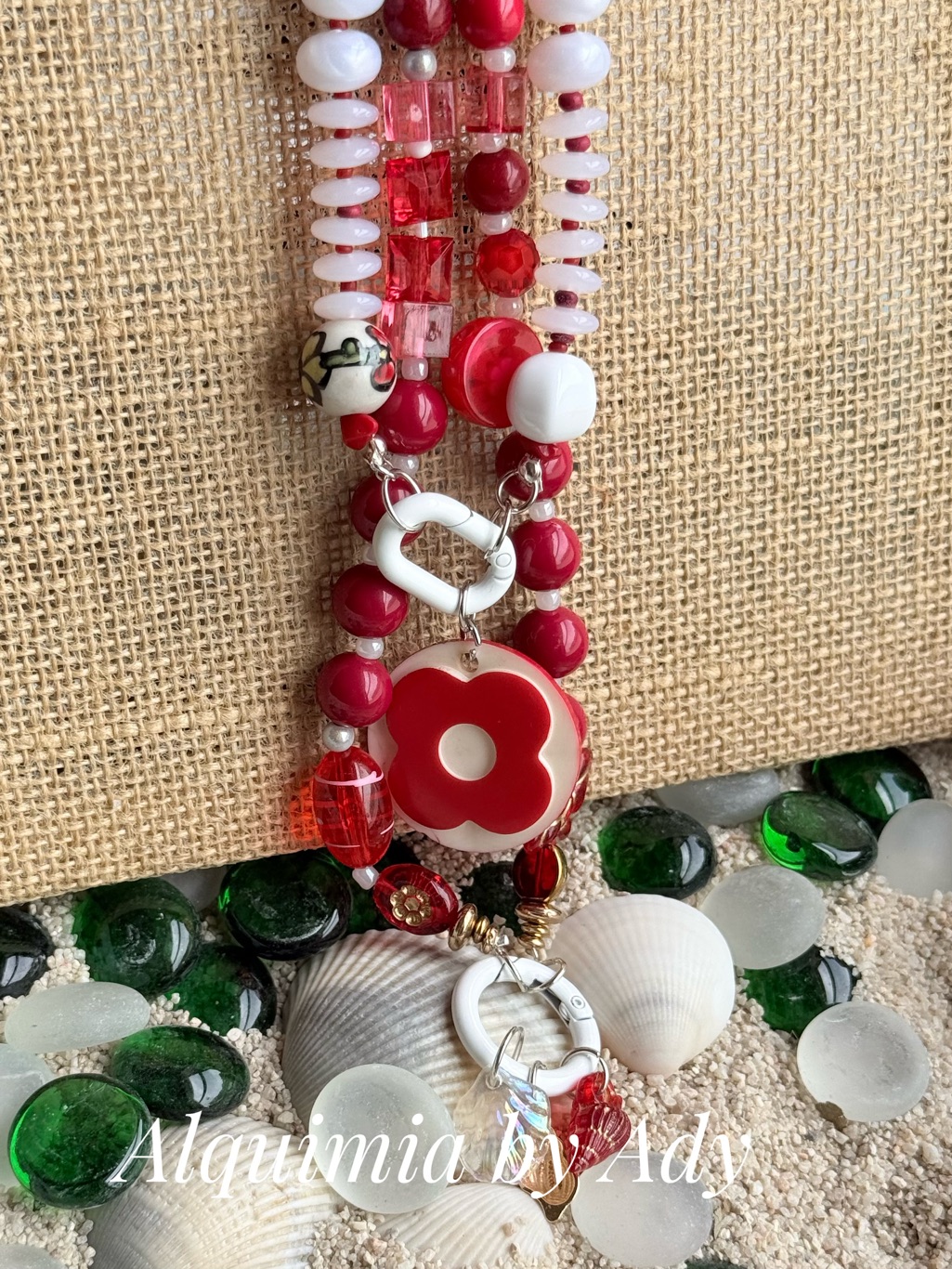 Curated Duo Red And White Floral Multi-Strand Necklace Shells And Flowers